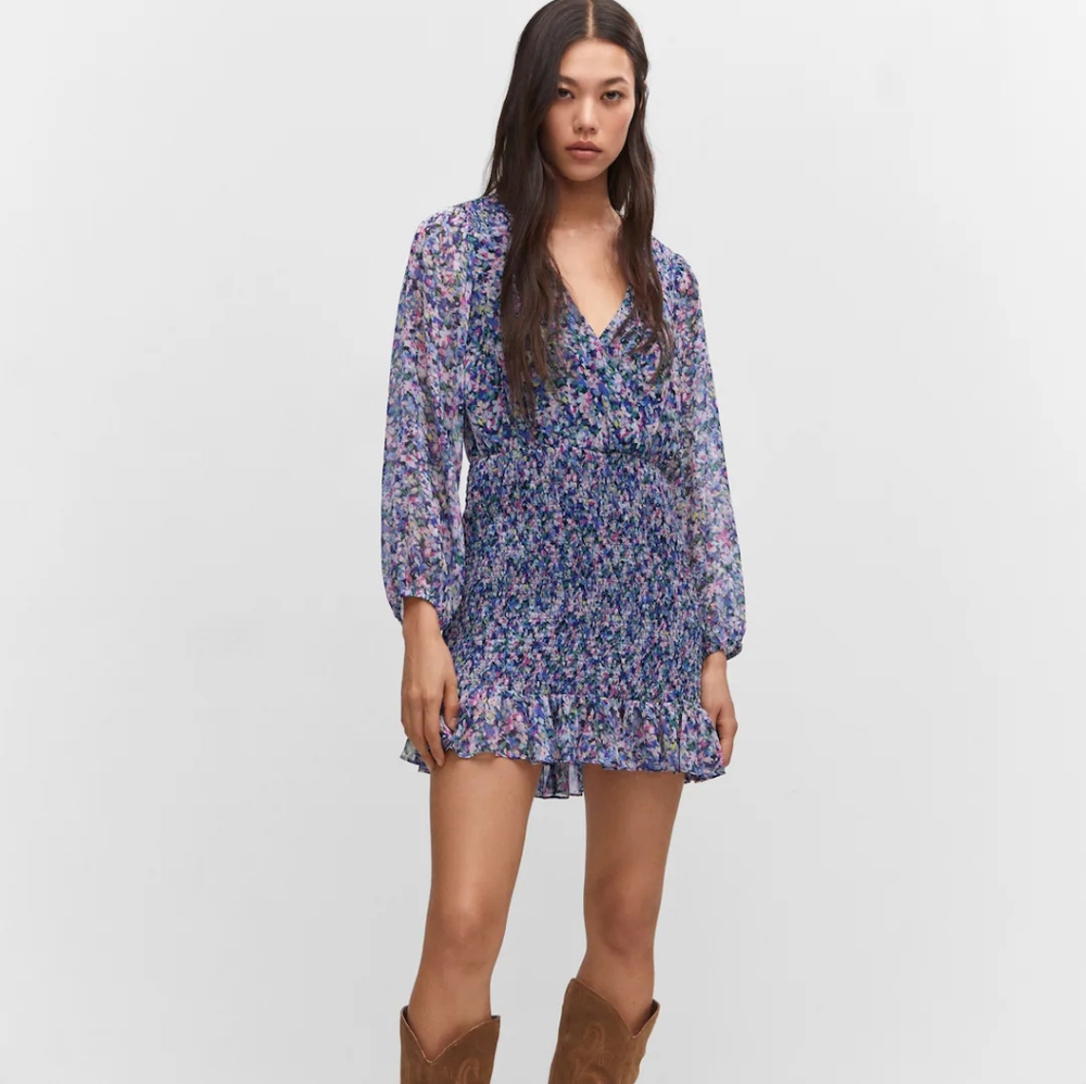 NWT Mango MNG Flower Blue Pink Short Dress Ruched Hem Long Sleeves Size XS